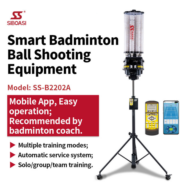 SIBOASI B2202A badminton pitching machine on court with shuttlecocks ready for automated training
