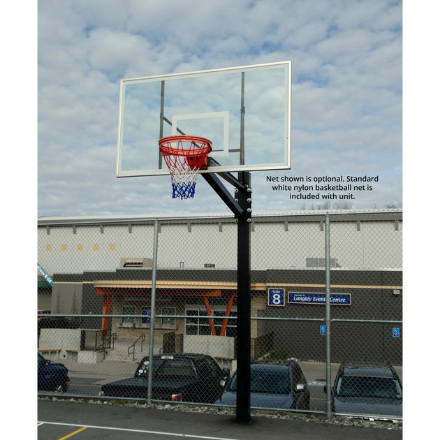 Gared Endurance basketball hoop with 6-inch square steel post and polycarbonate backboard mounted on a playground surface