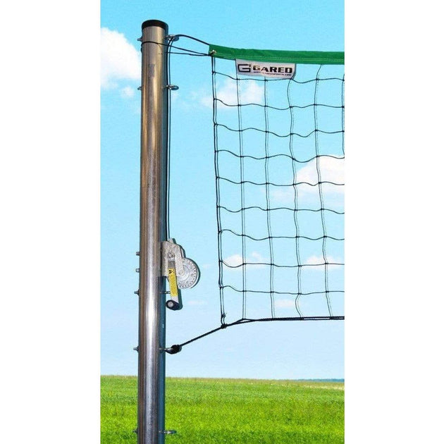 Gared SideOut volleyball net system with thick steel posts and regulation net set up in outdoor environment