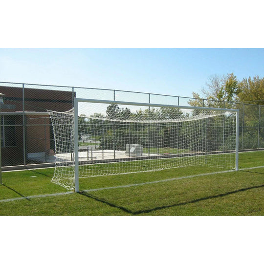 Pair of Gared Sports All Star II FIFA regulation soccer goals with white powder-coated steel frames and box-style nets