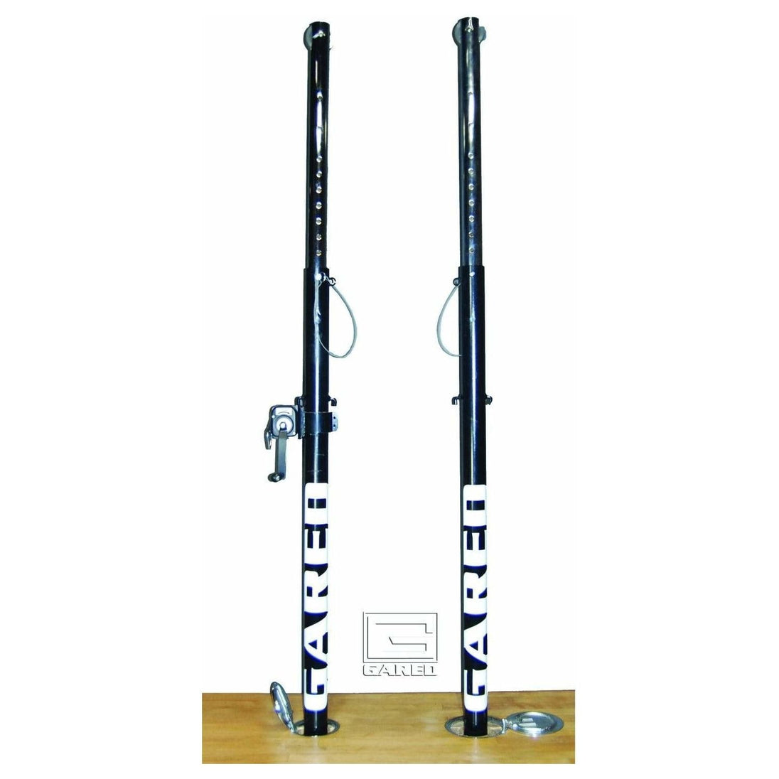 Gared Omnilite collegiate volleyball system with 3-inch padded aluminum uprights and net setup