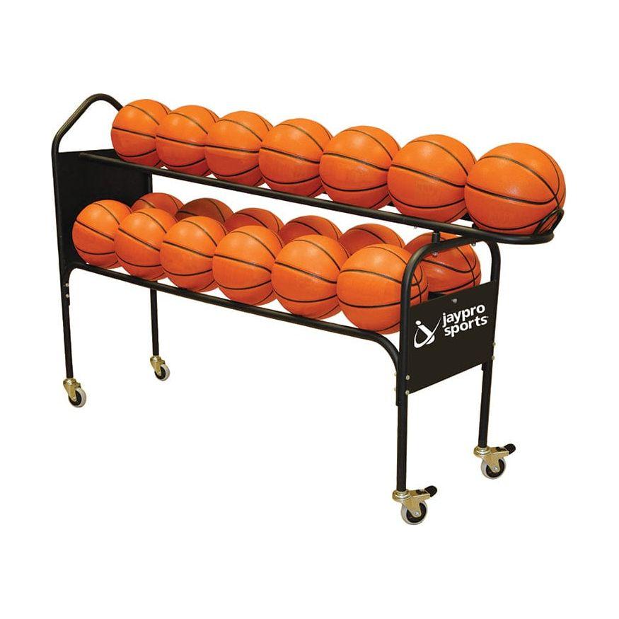 Jaypro Deluxe Training Ball Rack with 19 basketballs arranged neatly on adjustable shelves