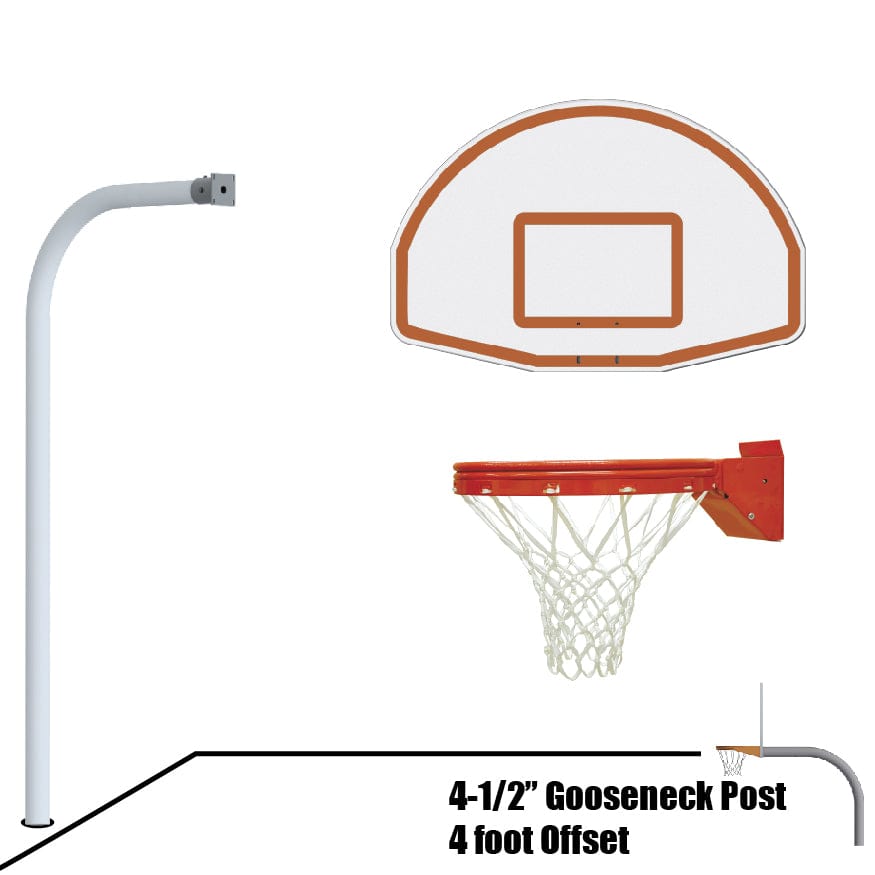 Jaypro Sports gooseneck basketball system featuring an aluminum fan backboard and sturdy 4-1/2 inch pole