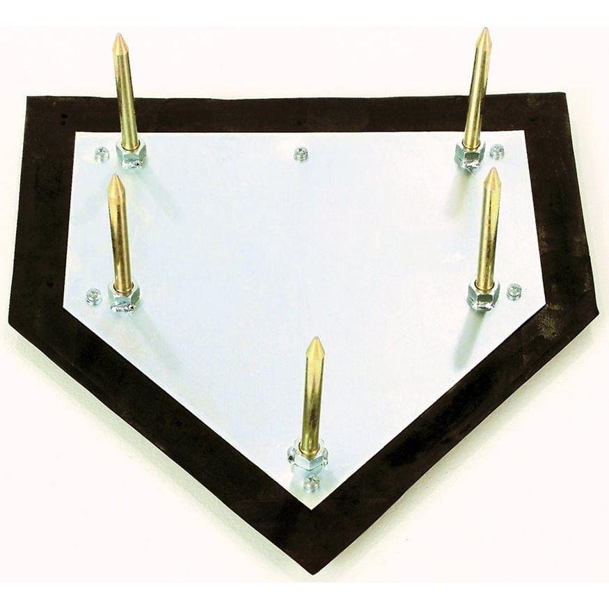 Jaypro Sports Major League home plate with 5 zinc-plated spikes on green grass