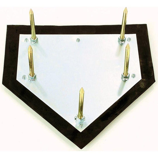 Jaypro Sports Major League home plate with 5 zinc-plated spikes on green grass