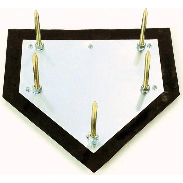 Jaypro Sports Major League home plate with 5 zinc-plated spikes on green grass