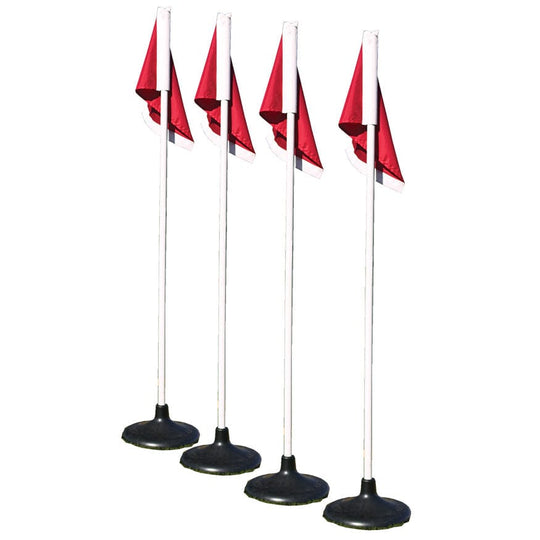 Set of four Jaypro Premium Corner Flags with rubber bases securely placed on the ground