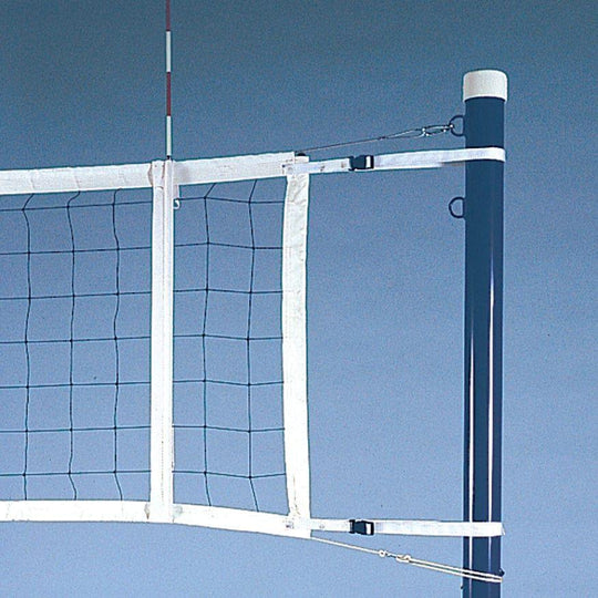 Jaypro Sports competition volleyball net set up on a court with quick-lock side tension straps